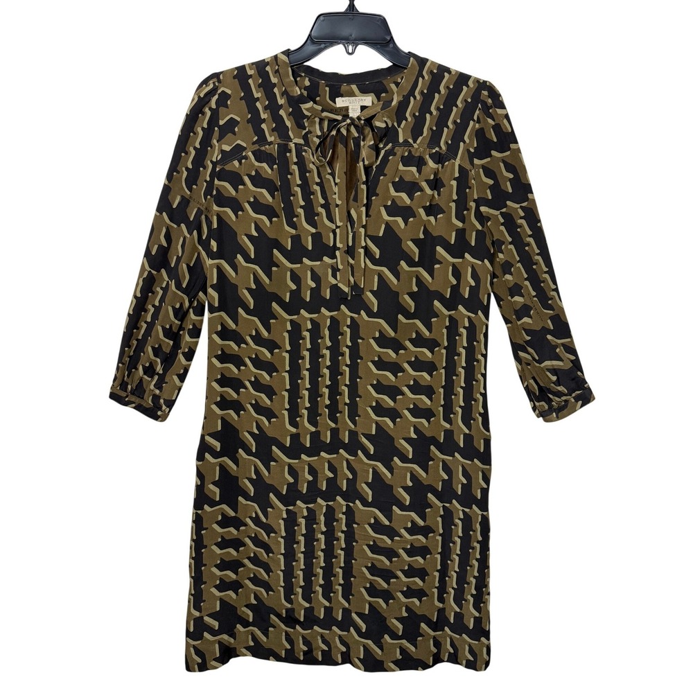 Burberry Brit Silk Shift Dress Olive Black Geometric Houndstooth Tie Neck Size 4